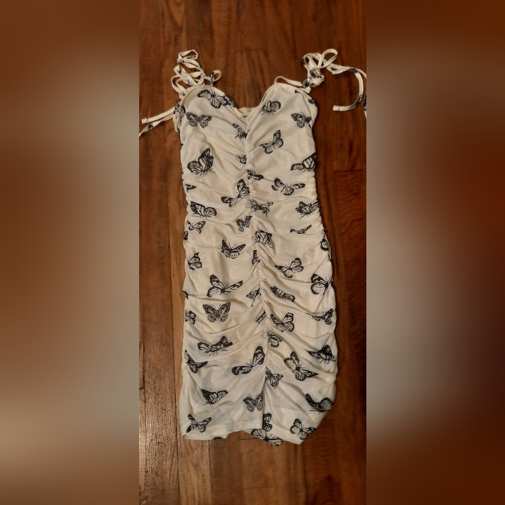 Butterfly Print Tie Shoulder Ruched Bodycon Dress